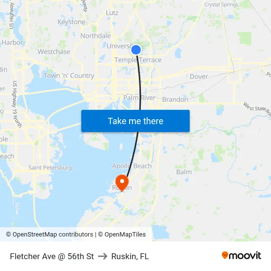 Fletcher Ave @ 56th St to Ruskin, FL map