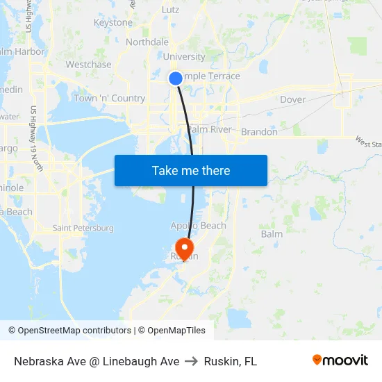 Nebraska Ave @ Linebaugh Ave to Ruskin, FL map