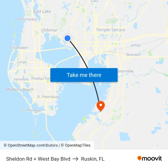 Sheldon Rd + West Bay Blvd to Ruskin, FL map