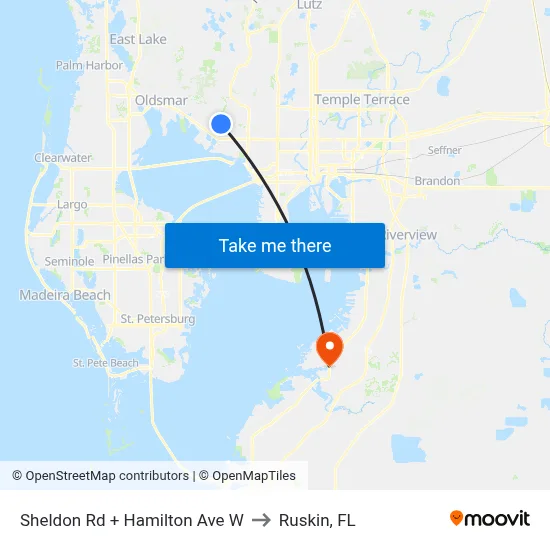 Sheldon Rd + Hamilton Ave W to Ruskin, FL map