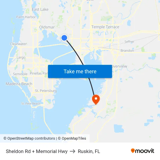 Sheldon Rd + Memorial Hwy to Ruskin, FL map
