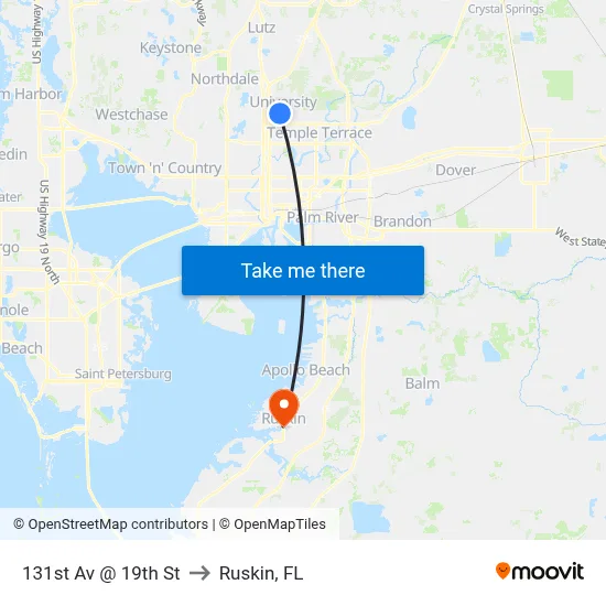 131st Av @ 19th St to Ruskin, FL map