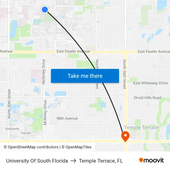 University Of South Florida to Temple Terrace, FL map