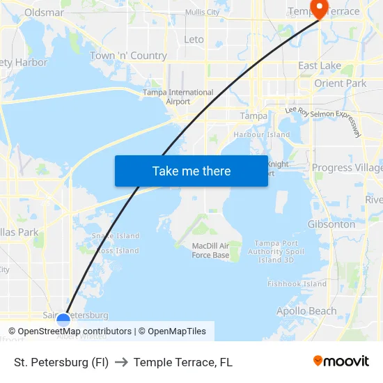 St. Petersburg (Fl) to Temple Terrace, FL map