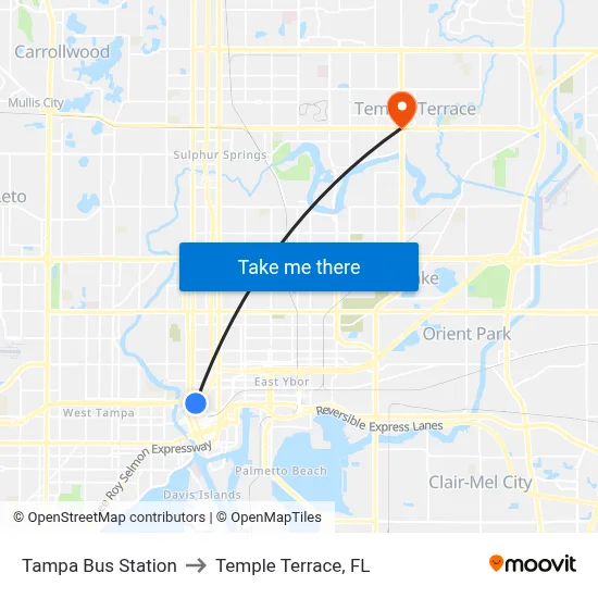 Tampa Bus Station to Temple Terrace, FL map