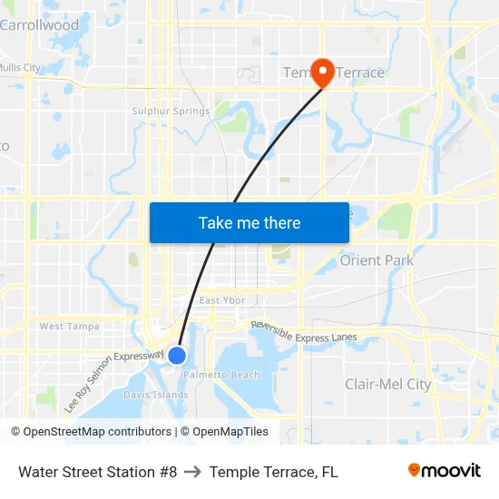 Water Street Station #8 to Temple Terrace, FL map