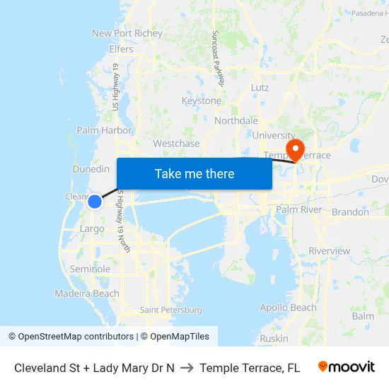Cleveland St + Lady Mary Dr N to Temple Terrace, FL map