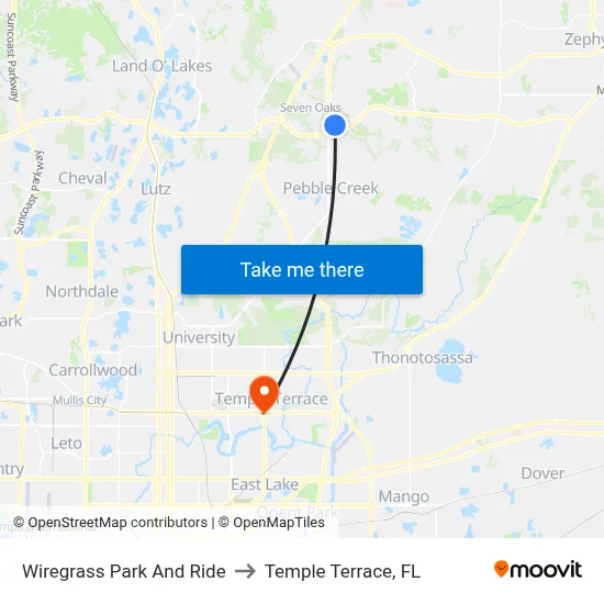 Wiregrass Park And Ride to Temple Terrace, FL map