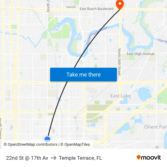 22nd St @ 17th Av to Temple Terrace, FL map
