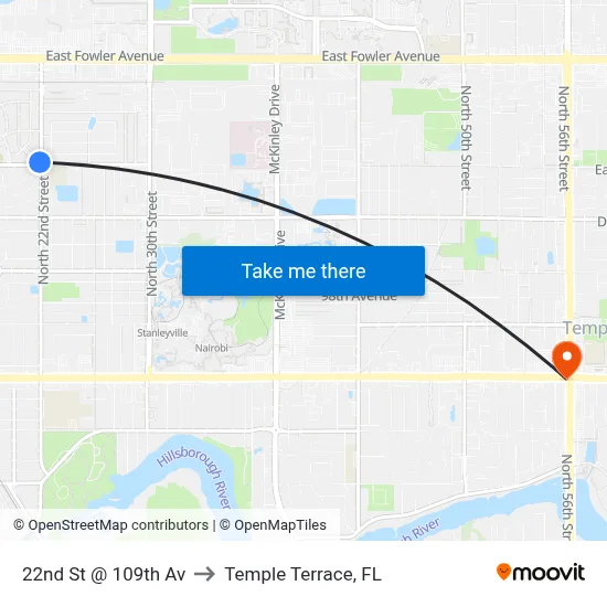 22nd St @ 109th Av to Temple Terrace, FL map
