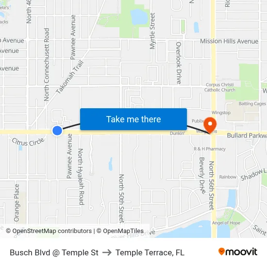 Busch Blvd @ Temple St to Temple Terrace, FL map