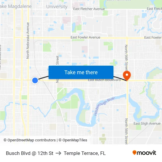 Busch Blvd @ 12th St to Temple Terrace, FL map