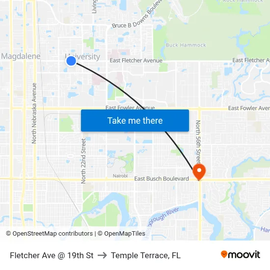 Fletcher Ave @ 19th St to Temple Terrace, FL map