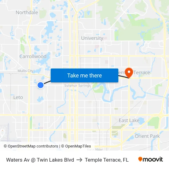 Waters Av @ Twin Lakes Blvd to Temple Terrace, FL map