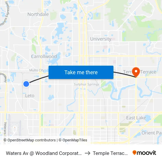 Waters Av @ Woodland Corporate Blvd to Temple Terrace, FL map