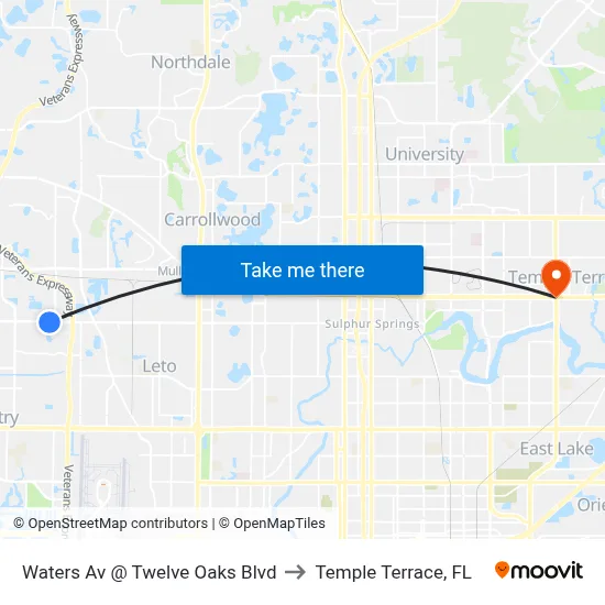 Waters Av @ Twelve Oaks Blvd to Temple Terrace, FL map