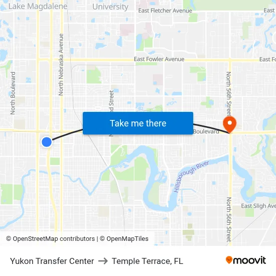 Yukon Transfer Center to Temple Terrace, FL map