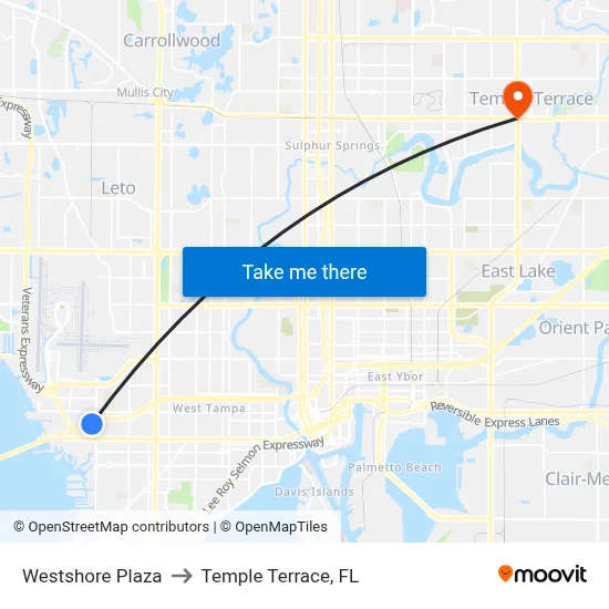 Westshore Plaza to Temple Terrace, FL map