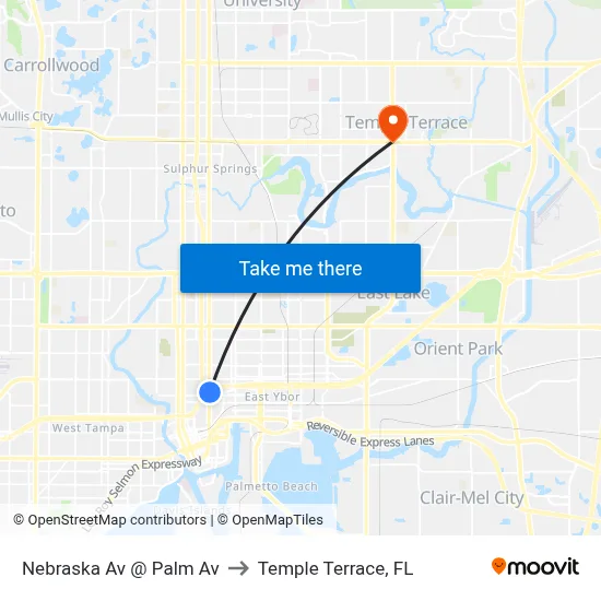 Nebraska Av @ Palm Av to Temple Terrace, FL map