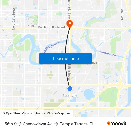 56th St @ Shadowlawn Av to Temple Terrace, FL map