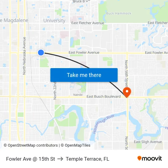 Fowler Ave @ 15th St to Temple Terrace, FL map