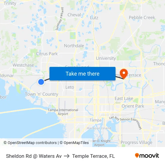 Sheldon Rd @ Waters Av to Temple Terrace, FL map