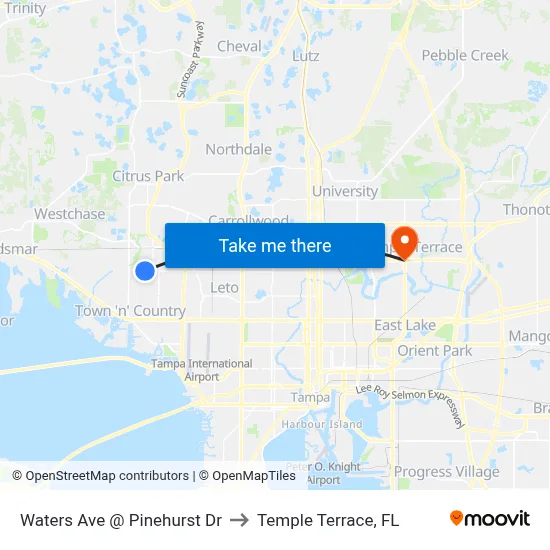 Waters Ave @ Pinehurst Dr to Temple Terrace, FL map