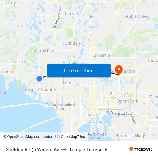 Sheldon Rd @ Waters Av to Temple Terrace, FL map