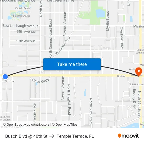 Busch Blvd @ 40th St to Temple Terrace, FL map