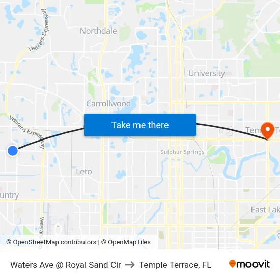 Waters Ave @ Royal Sand Cir to Temple Terrace, FL map