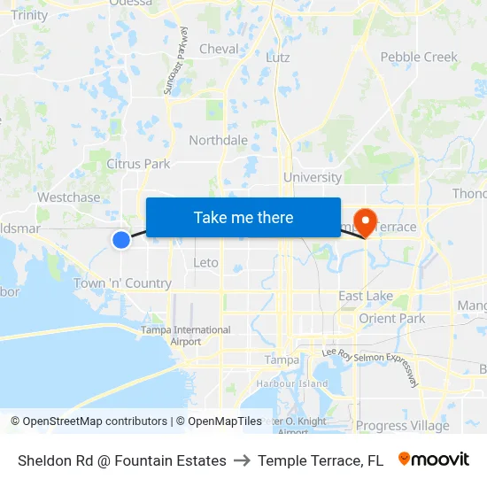 Sheldon Rd @ Fountain Estates to Temple Terrace, FL map