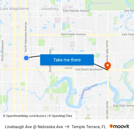 Linebaugh Ave @ Nebraska Ave to Temple Terrace, FL map