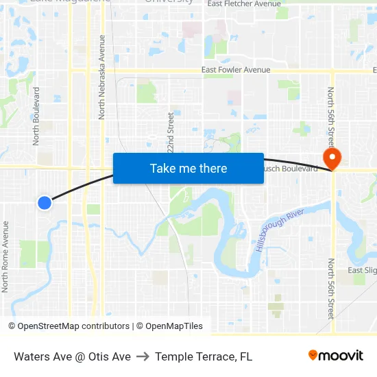 Waters Ave @ Otis Ave to Temple Terrace, FL map