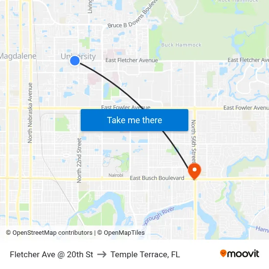Fletcher Ave @ 20th St to Temple Terrace, FL map