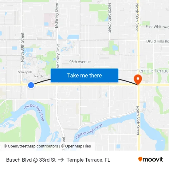 Busch Blvd @ 33rd St to Temple Terrace, FL map