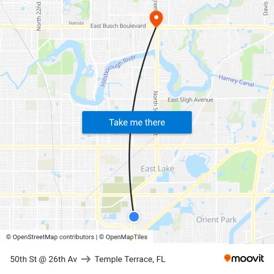 50th St @ 26th Av to Temple Terrace, FL map