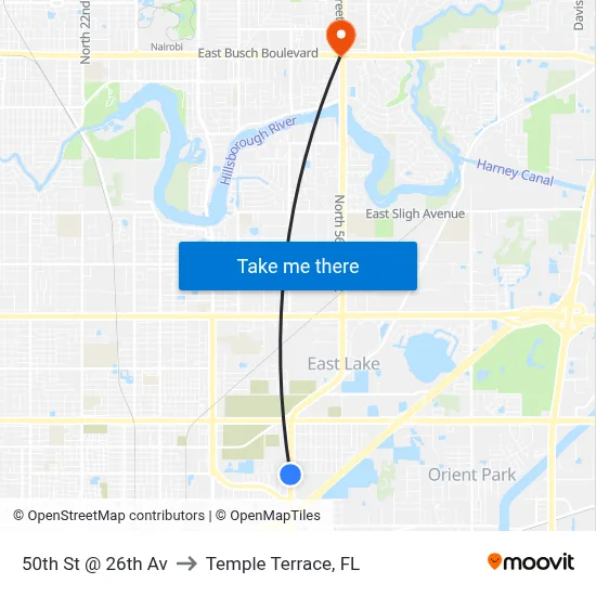 50th St @ 26th Av to Temple Terrace, FL map