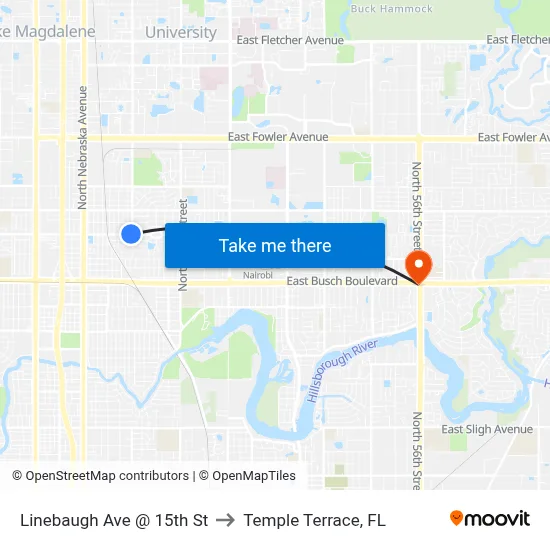 Linebaugh Ave @ 15th St to Temple Terrace, FL map