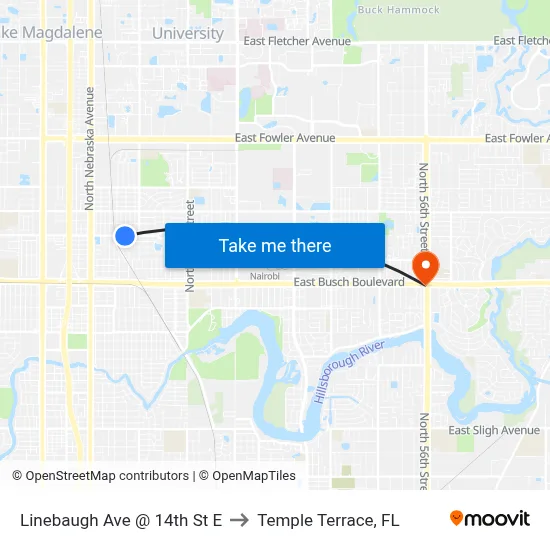 Linebaugh Ave @ 14th St E to Temple Terrace, FL map