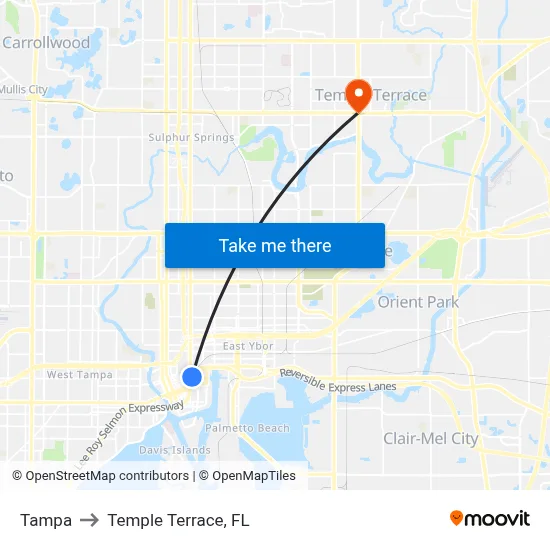Tampa to Temple Terrace, FL map