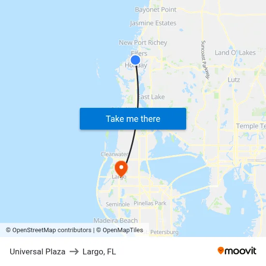 Universal Plaza to Largo, FL map