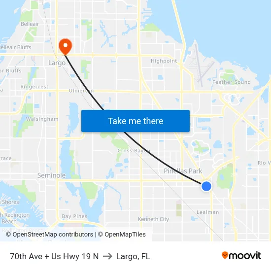 70th Ave + Us Hwy 19 N to Largo, FL map