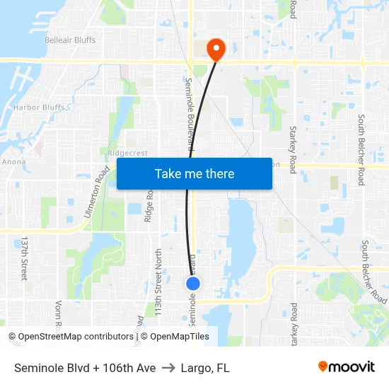 Seminole Blvd + 106th Ave to Largo, FL map