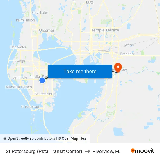 St Petersburg (Psta Transit Center) to Riverview, FL map