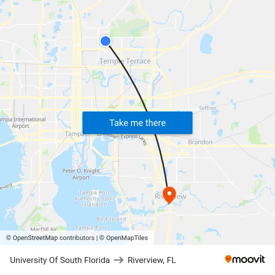 University Of South Florida to Riverview, FL map