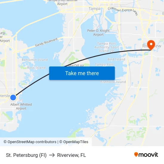 St. Petersburg (Fl) to Riverview, FL map
