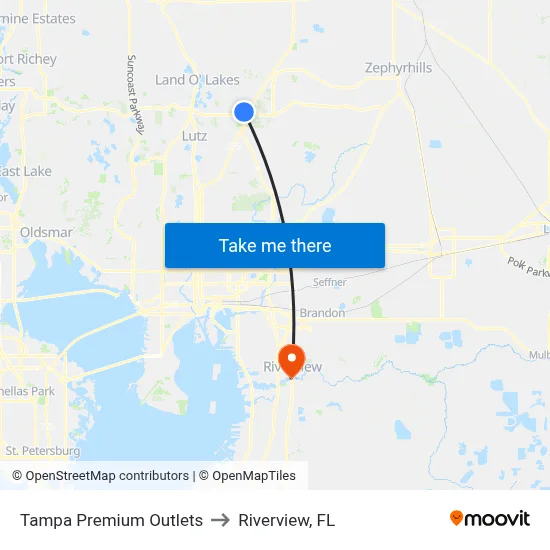 Tampa Premium Outlets to Riverview, FL map