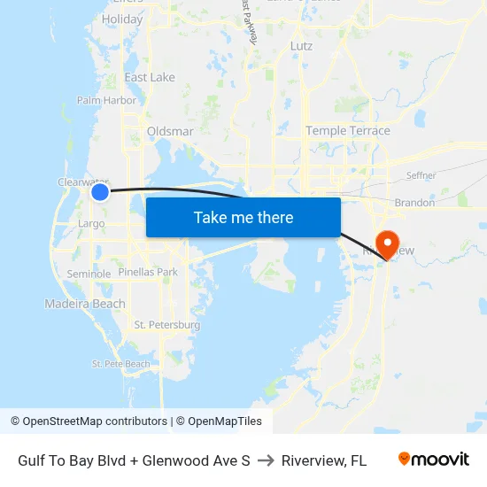 Gulf To Bay Blvd + Glenwood Ave S to Riverview, FL map