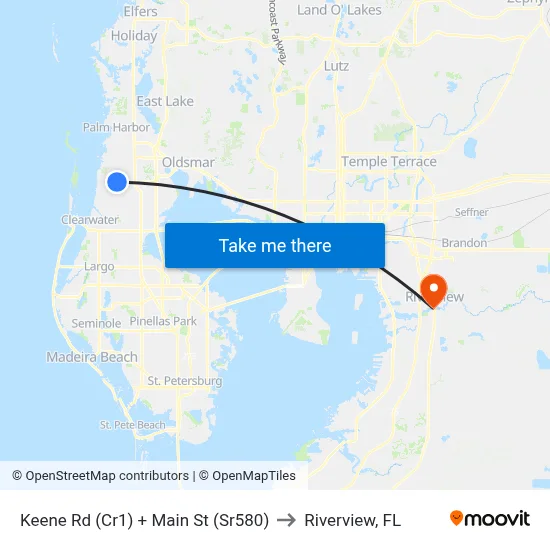 Keene Rd (Cr1) + Main St (Sr580) to Riverview, FL map