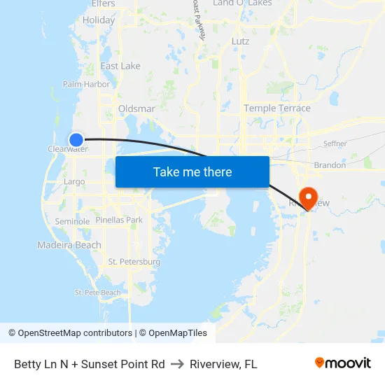 Betty Ln N + Sunset Point Rd to Riverview, FL map